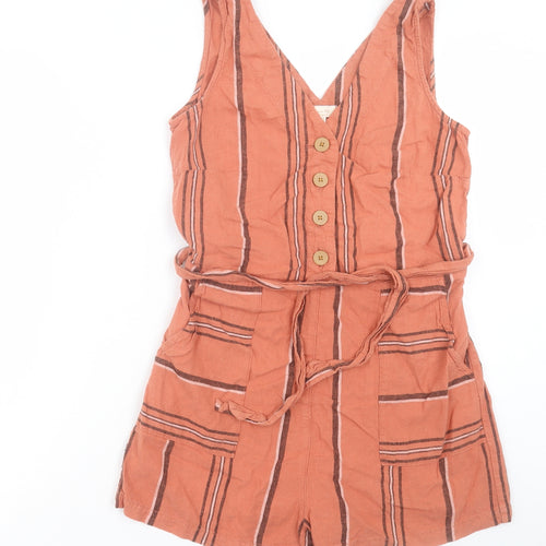 F&F Womens Orange Striped Linen Playsuit One-Piece Size 12 L30 in Button
