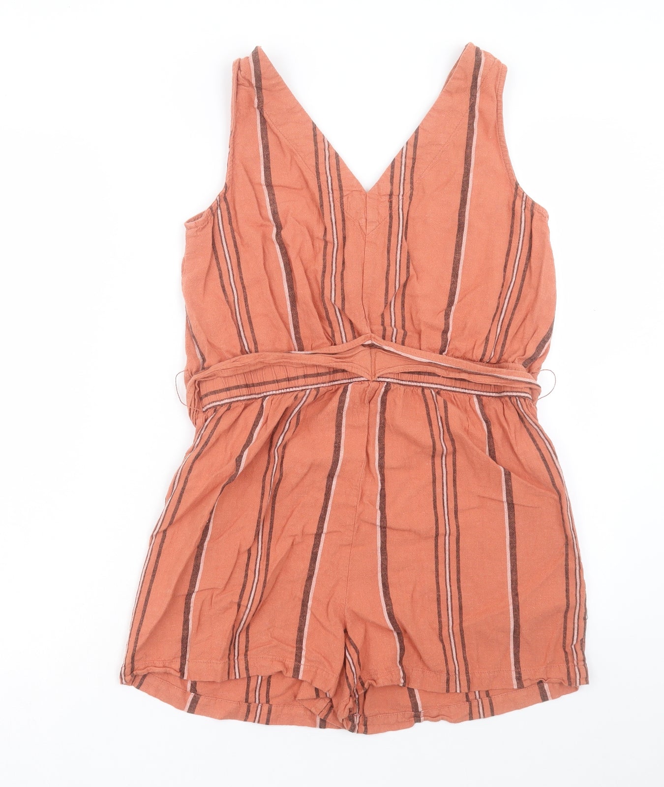 F&F Womens Orange Striped Linen Playsuit One-Piece Size 12 L30 in Button