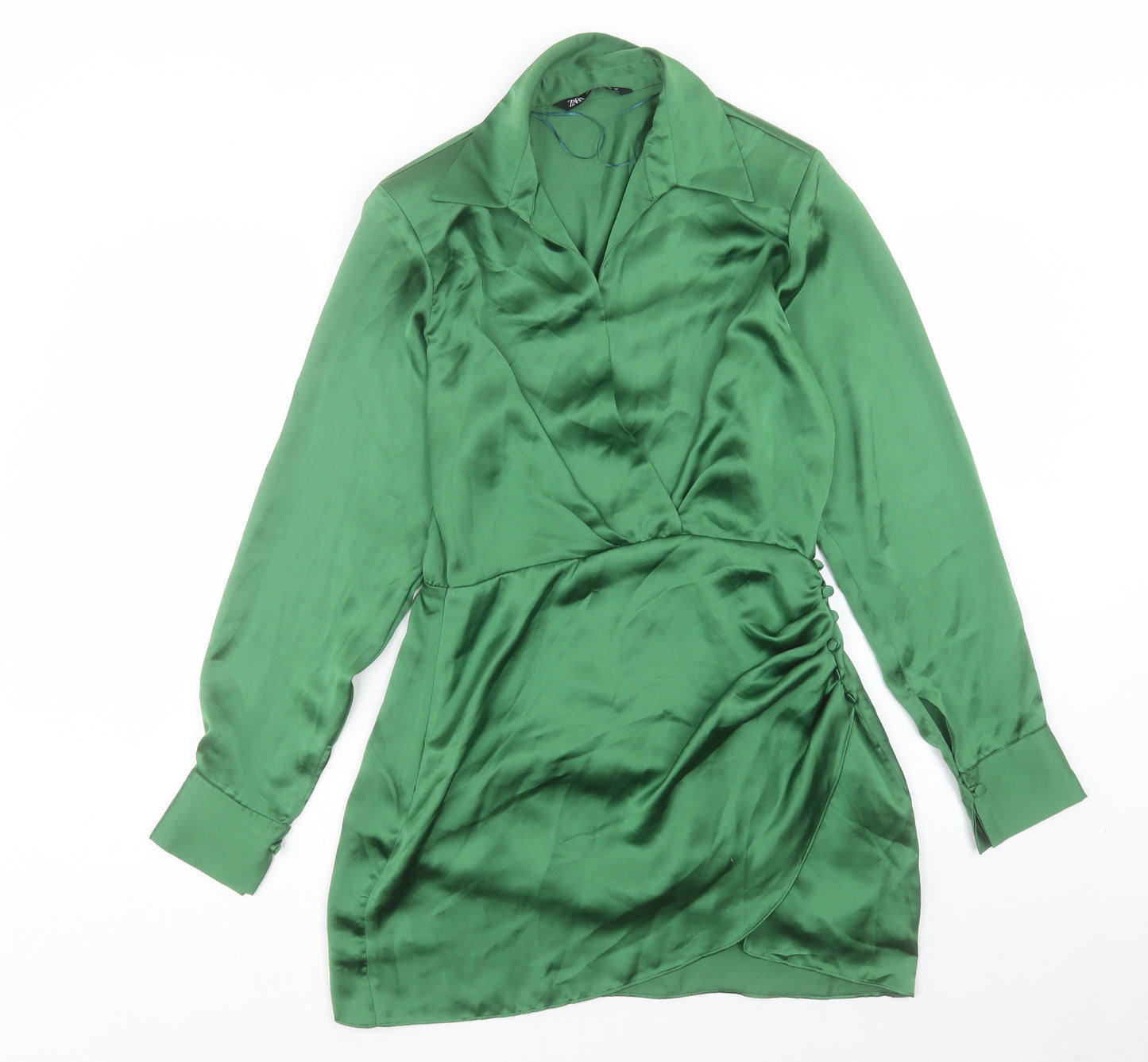 Zara Womens Green Polyester Shirt Dress Size M Collared Zip