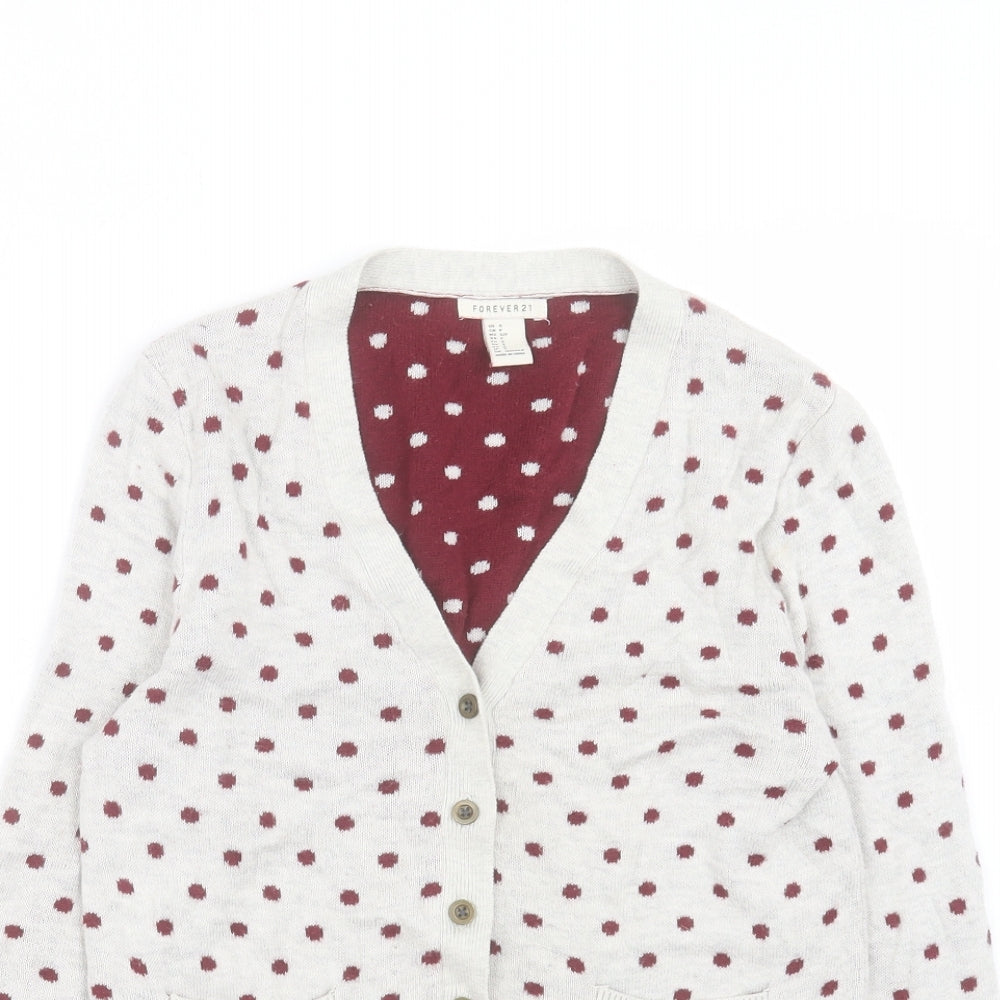 FOREVER 21 Womens Grey V-Neck Polka Dot Cotton Cardigan Jumper Size S