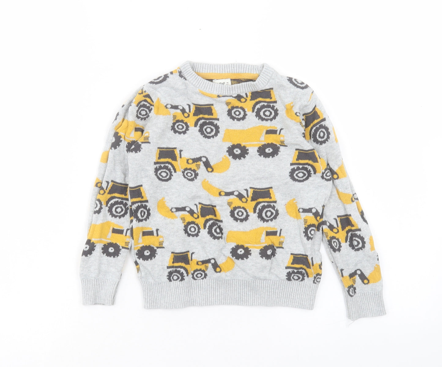 F&F Boys Grey Crew Neck Geometric Cotton Pullover Jumper Size 4 Years Pullover - Digger