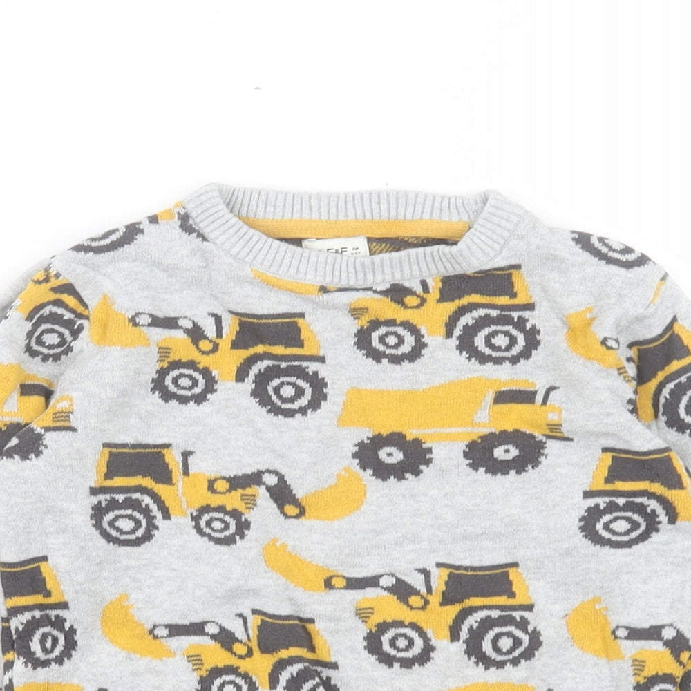 F&F Boys Grey Crew Neck Geometric Cotton Pullover Jumper Size 4 Years Pullover - Digger