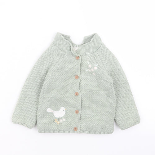 Mothercare Girls Green Cotton Cardigan Jumper Size 6-9 Months Button