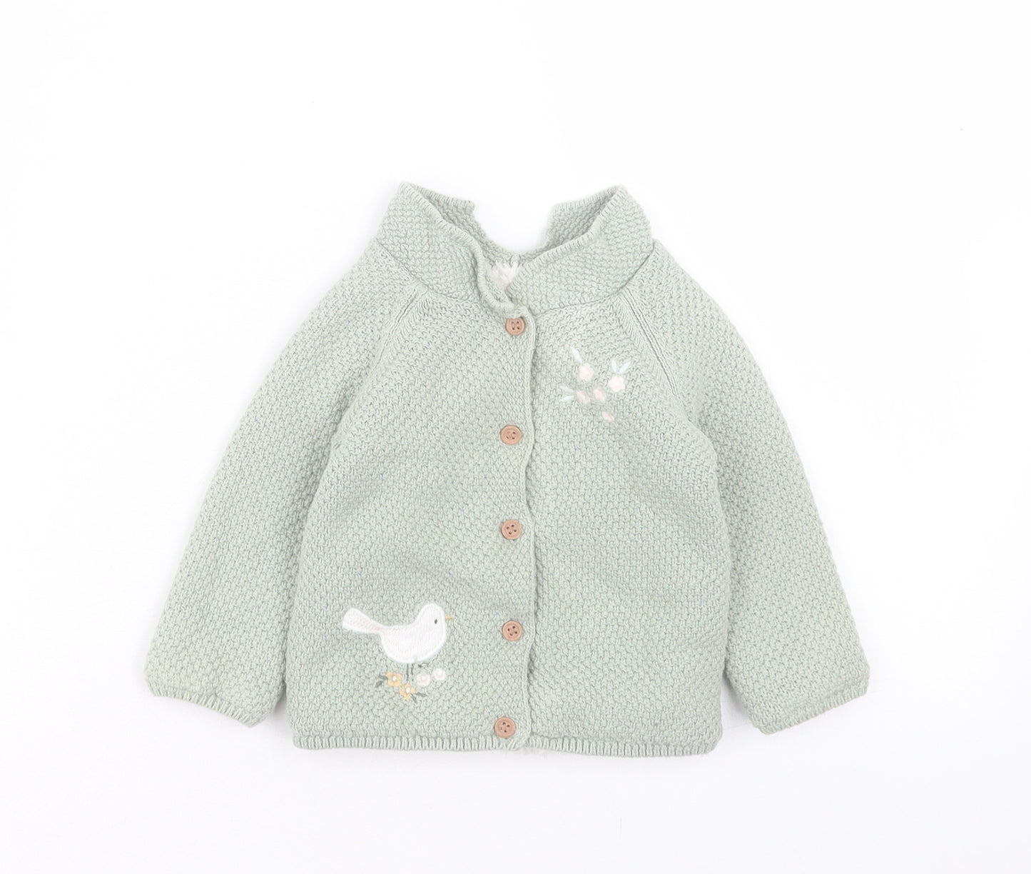 Mothercare Girls Green Cotton Cardigan Jumper Size 6-9 Months Button