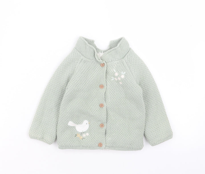 Mothercare Girls Green Cotton Cardigan Jumper Size 6-9 Months Button