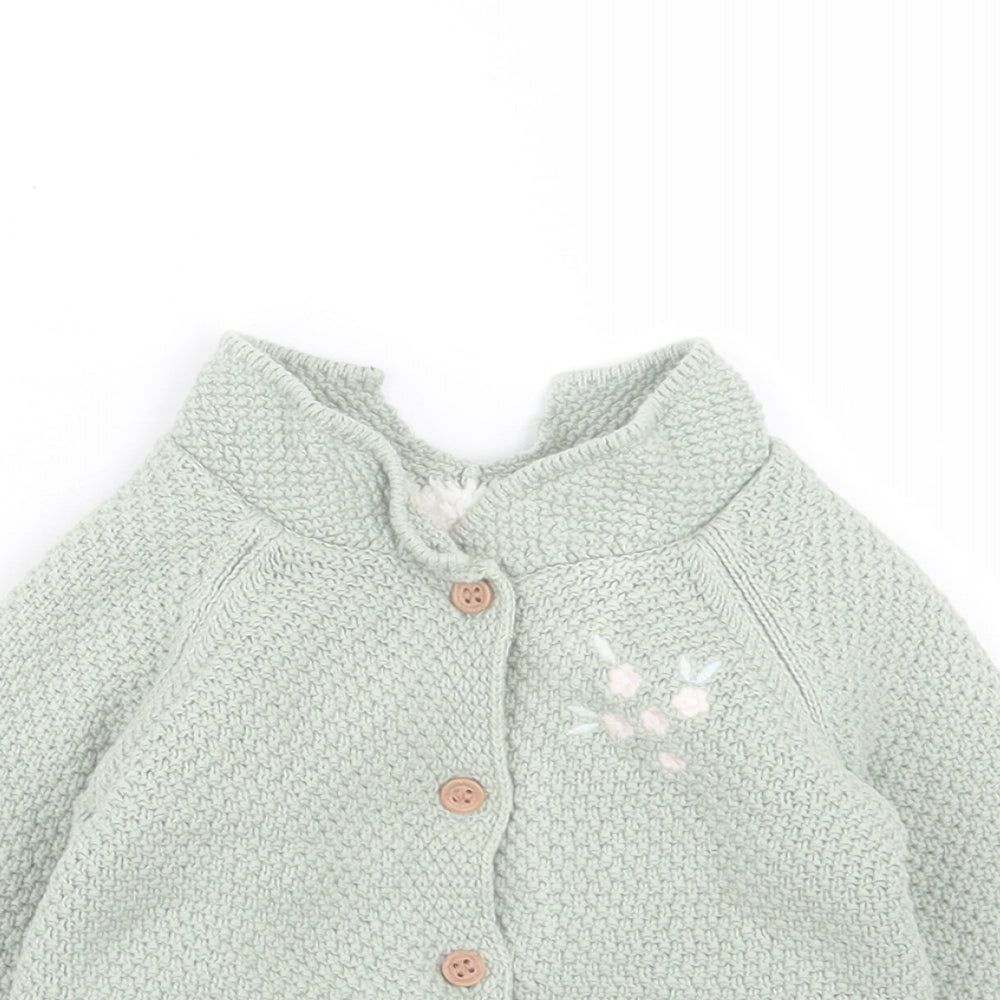 Mothercare Girls Green Cotton Cardigan Jumper Size 6-9 Months Button