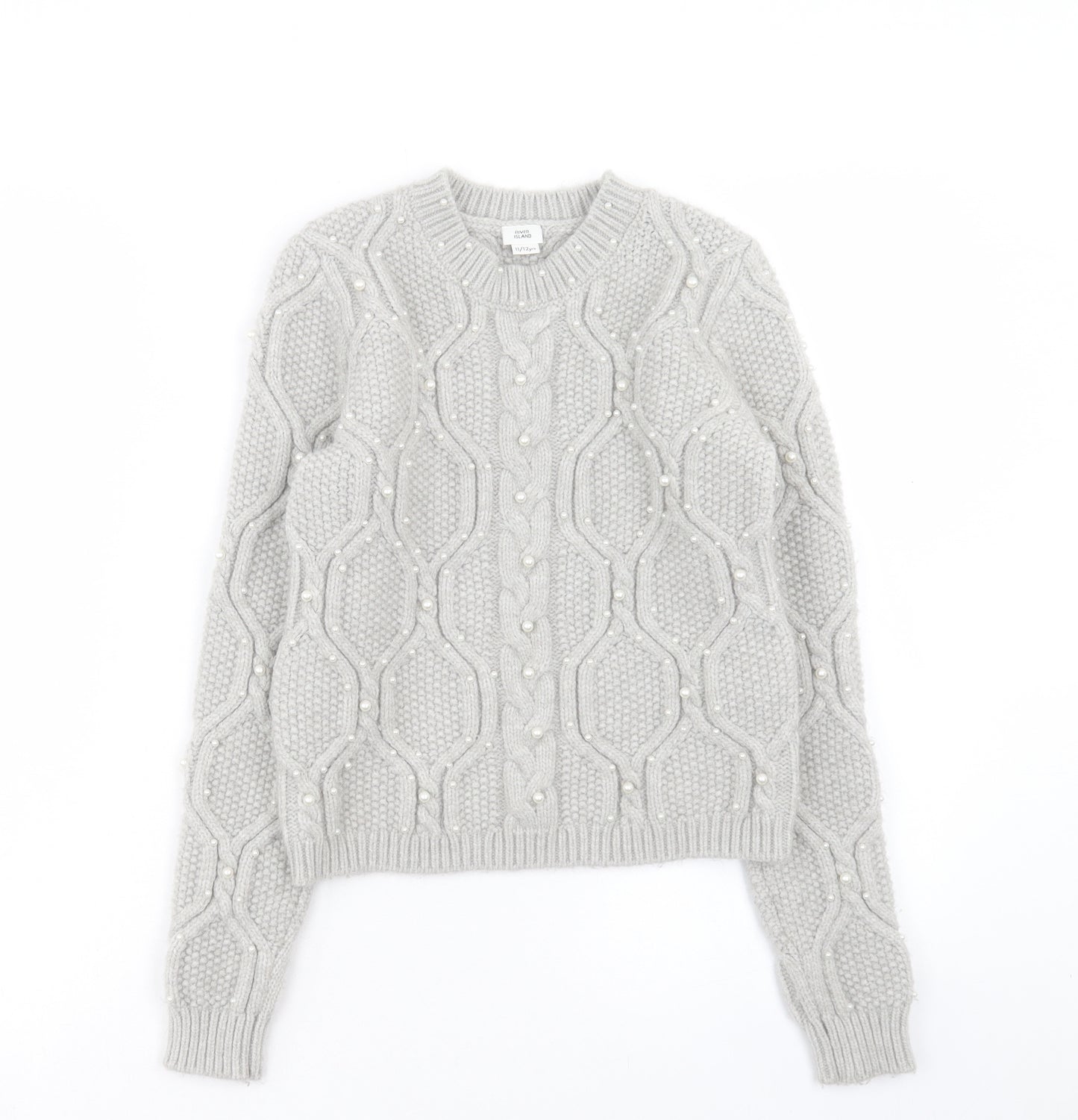 River Island Girls Grey Round Neck Geometric Acrylic Pullover Jumper Size 11-12 Years Pullover