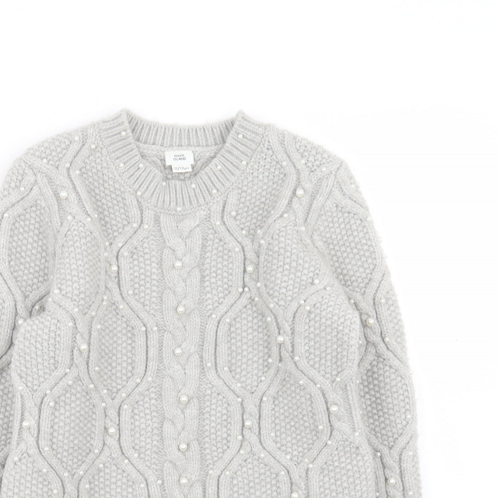 River Island Girls Grey Round Neck Geometric Acrylic Pullover Jumper Size 11-12 Years Pullover