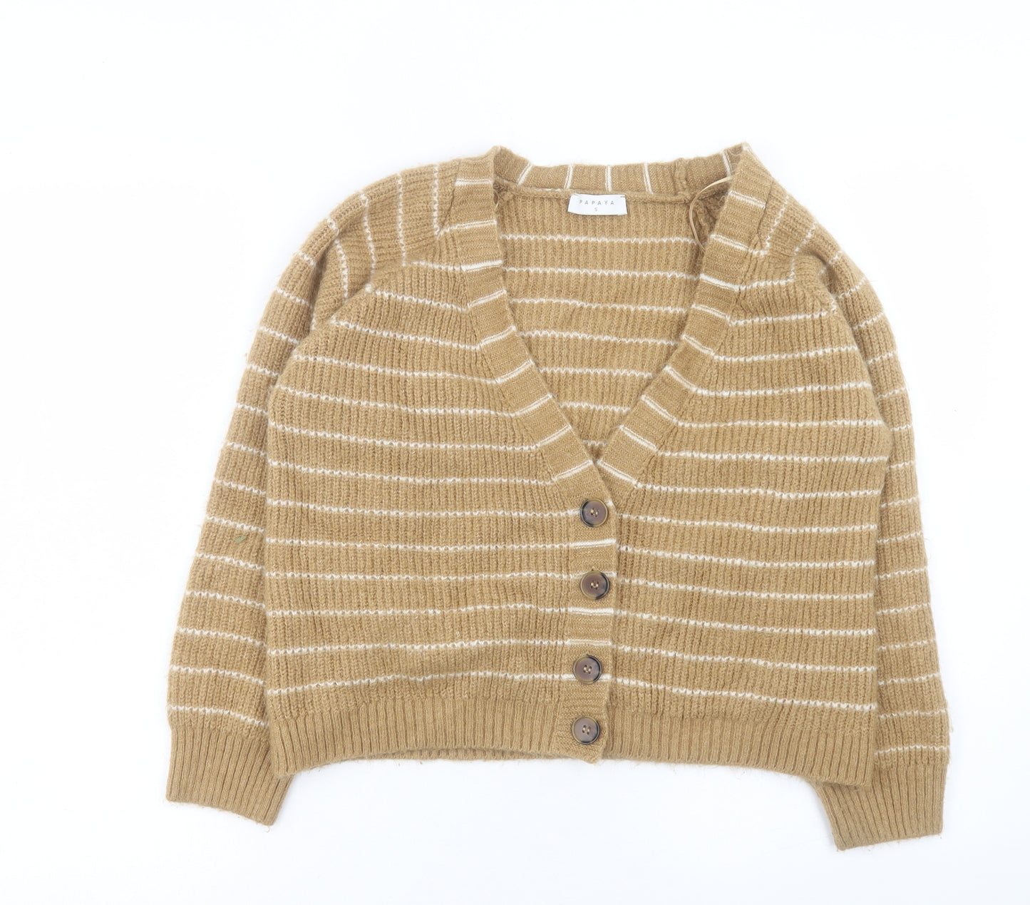 Papaya Womens Brown V-Neck Striped Acrylic Cardigan Jumper Size S