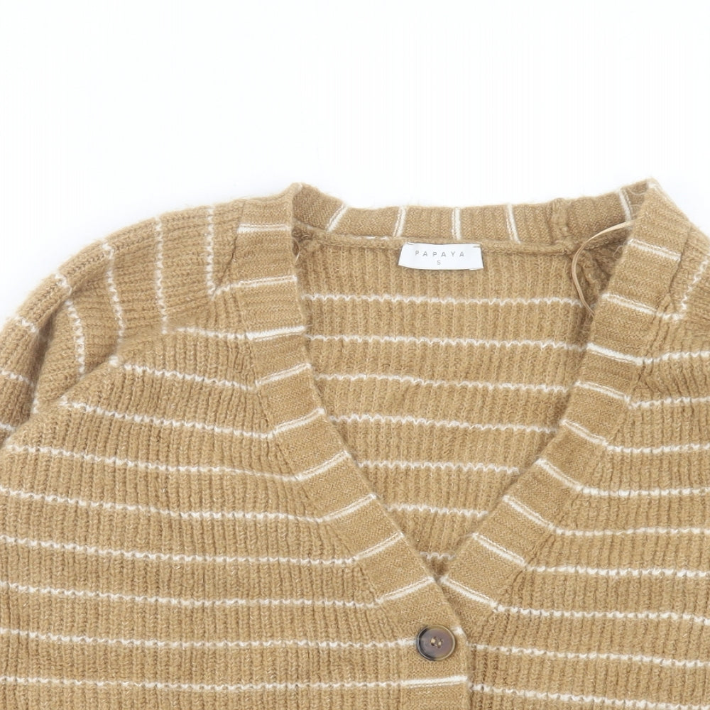 Papaya Womens Brown V-Neck Striped Acrylic Cardigan Jumper Size S