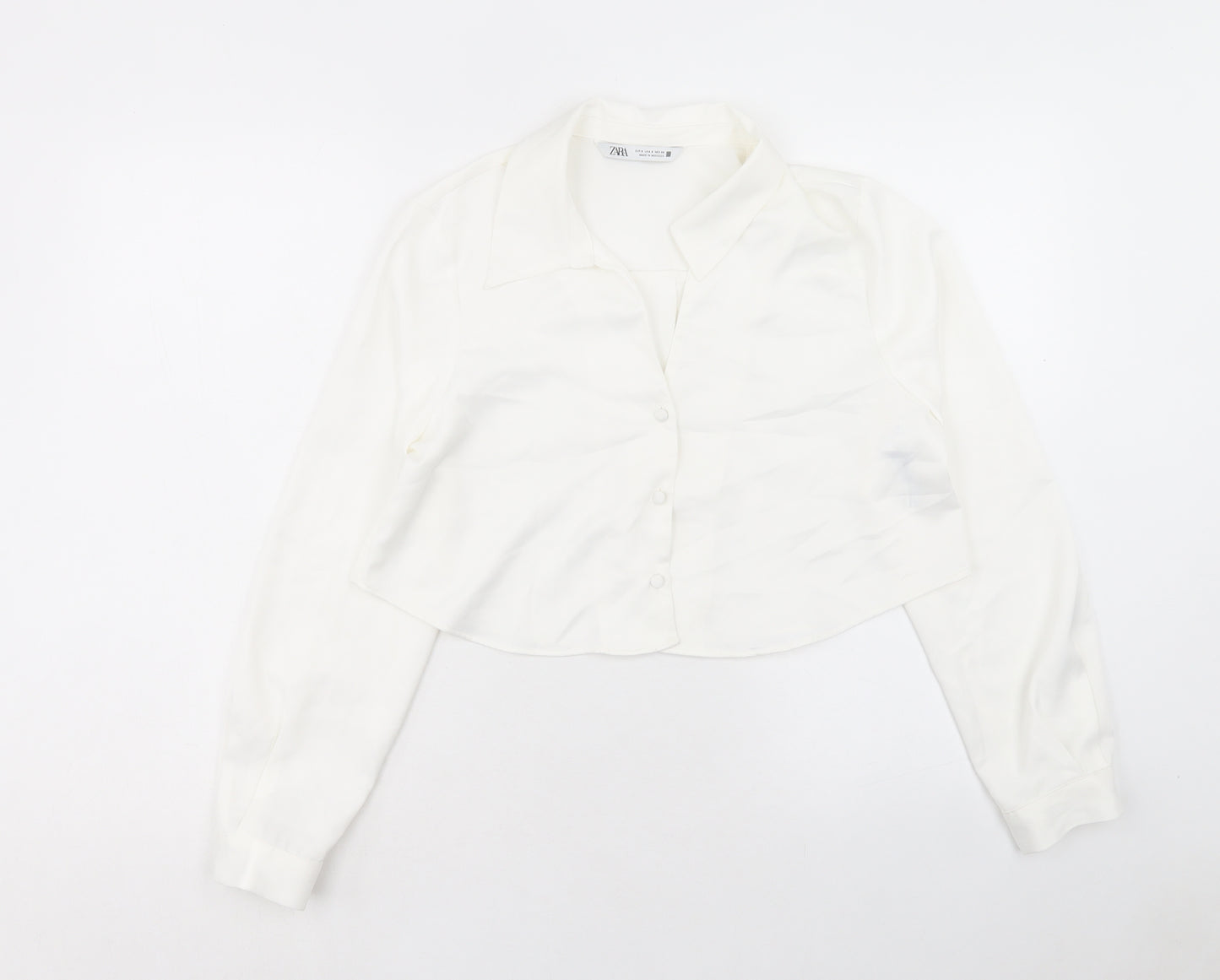 Zara Womens White Polyester Cropped Button-Up Size S Collared