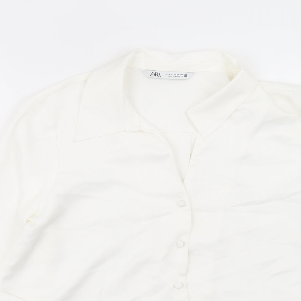 Zara Womens White Polyester Cropped Button-Up Size S Collared