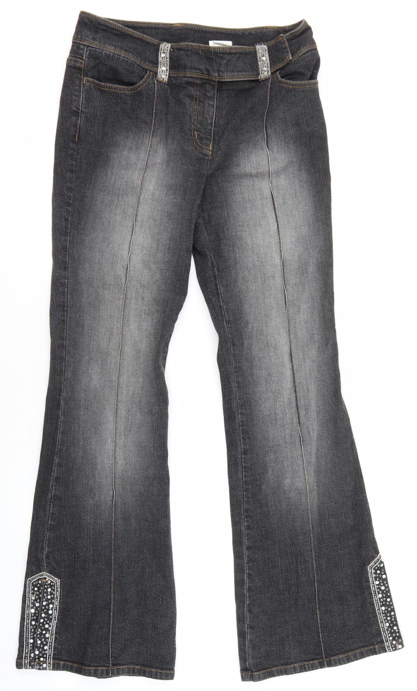 NEXT Womens Grey Cotton Bootcut Jeans Size 12 L31.5 in Regular Zip