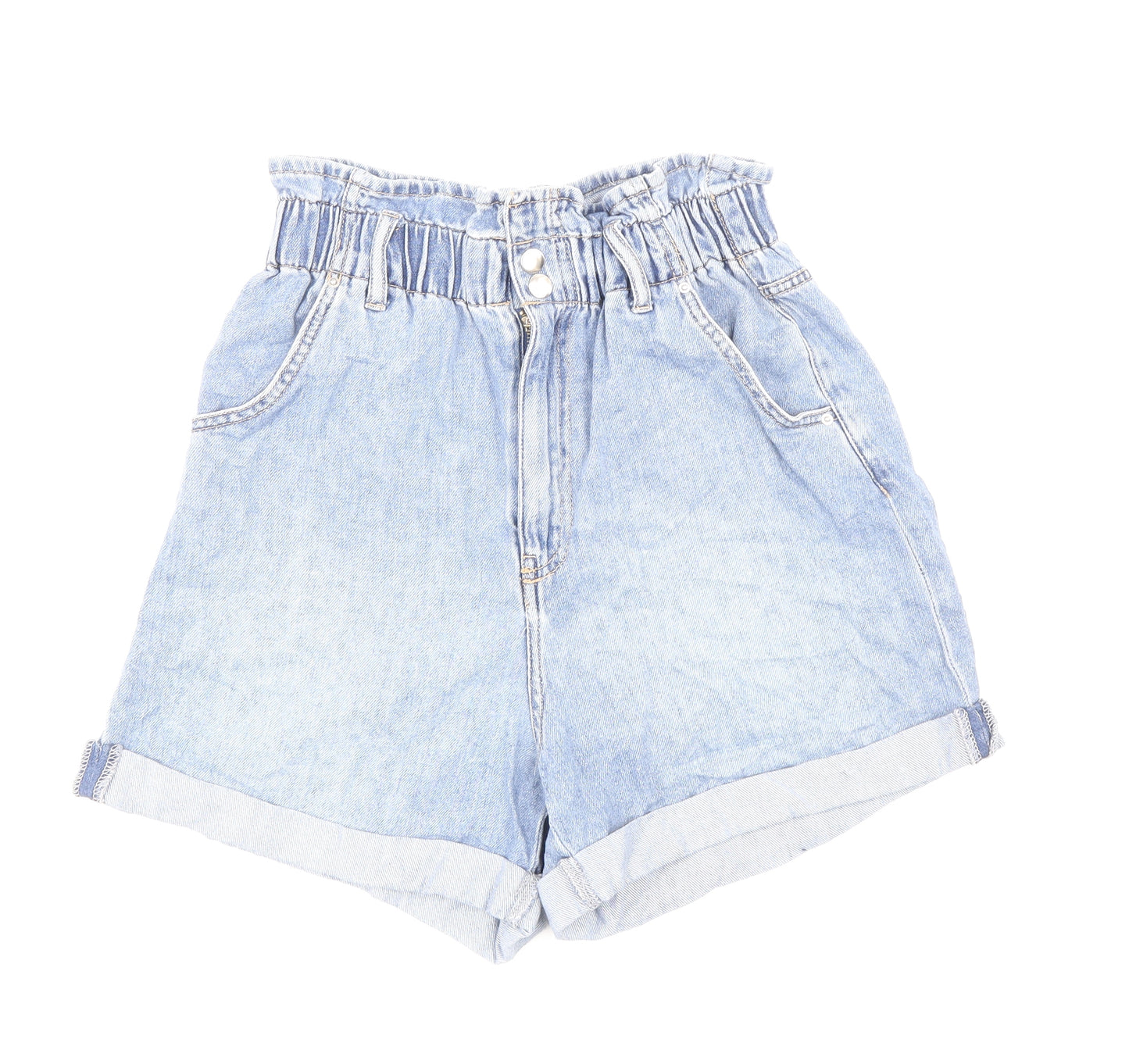 H&M Womens Blue Cotton Paperbag Shorts Size 8 L4 in Regular Zip