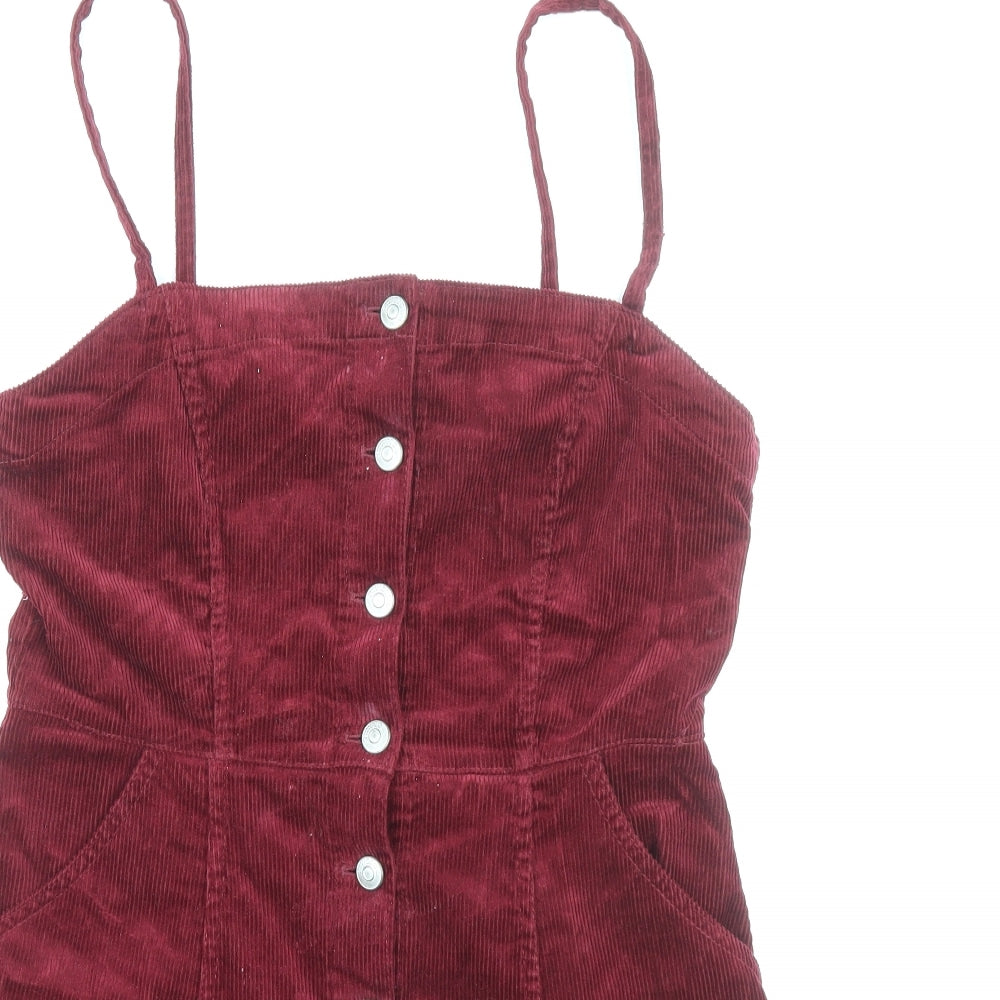 Divided by H&M Womens Red Cotton Pinafore/Dungaree Dress Size 12 Square Neck Button