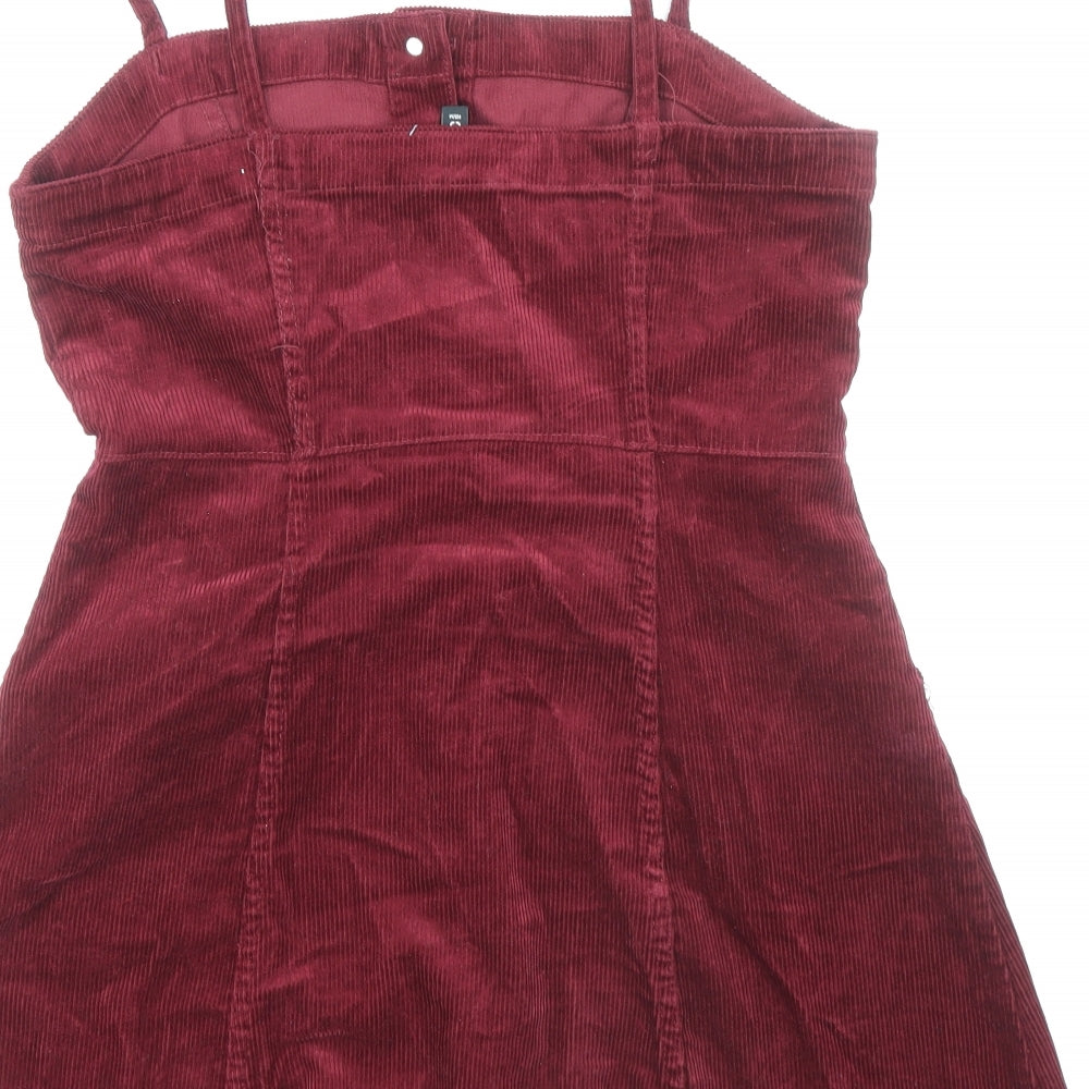Divided by H&M Womens Red Cotton Pinafore/Dungaree Dress Size 12 Square Neck Button