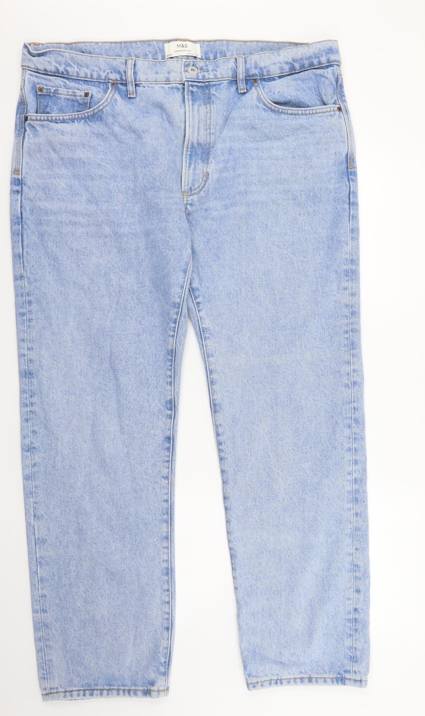 Marks and Spencer Mens Blue Cotton Straight Jeans Size 38 in L31 in Regular Button