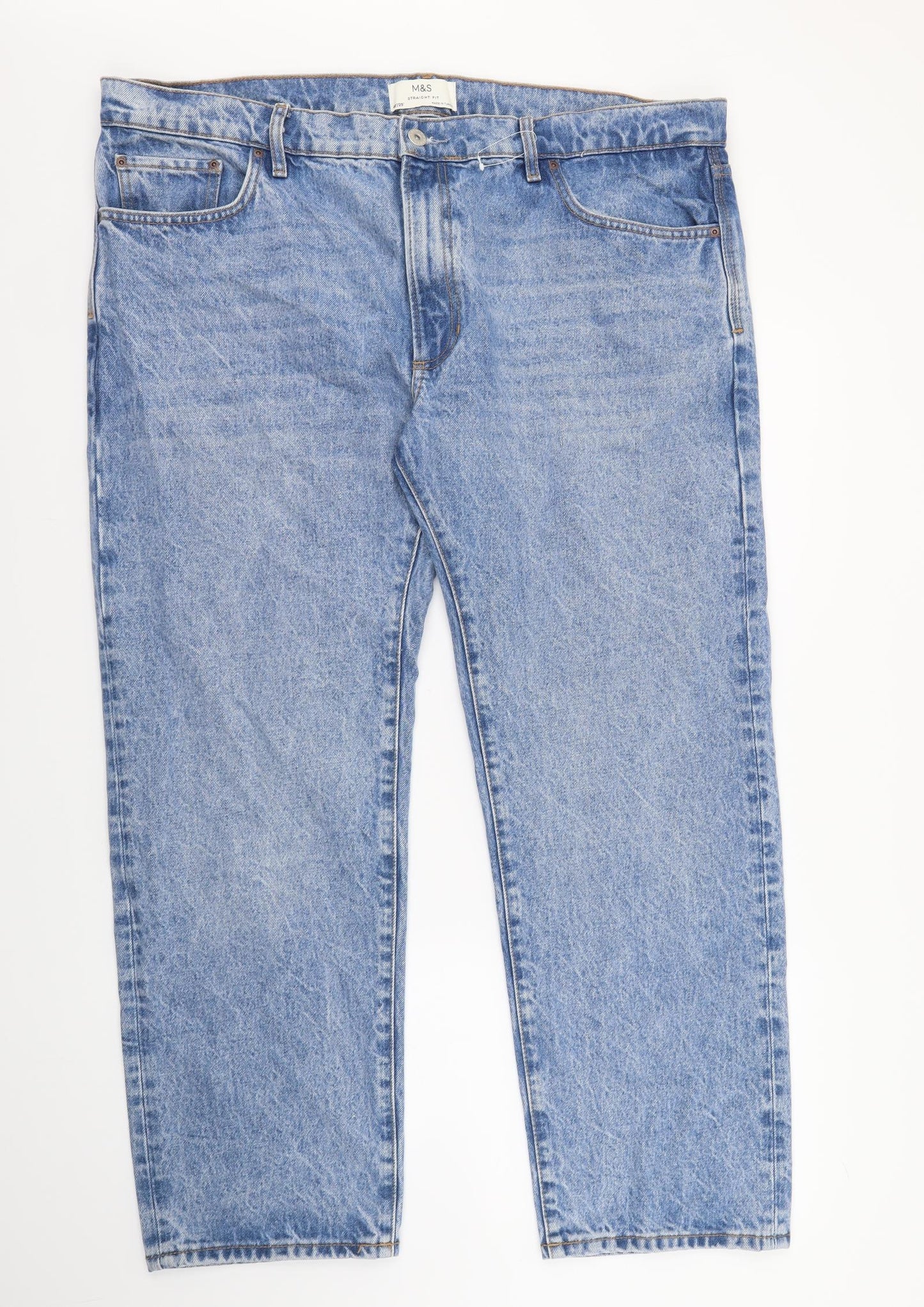Marks and Spencer Mens Blue Cotton Straight Jeans Size 40 in L29 in Regular Button