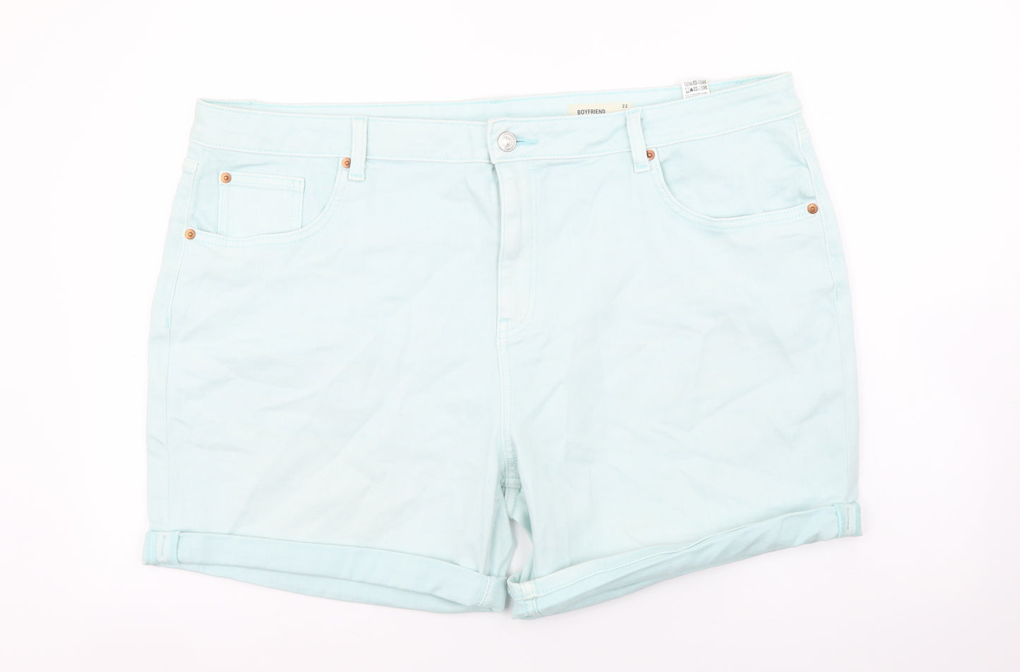 Marks and Spencer Womens Blue Cotton Boyfriend Shorts Size 22 L6 in Regular Button