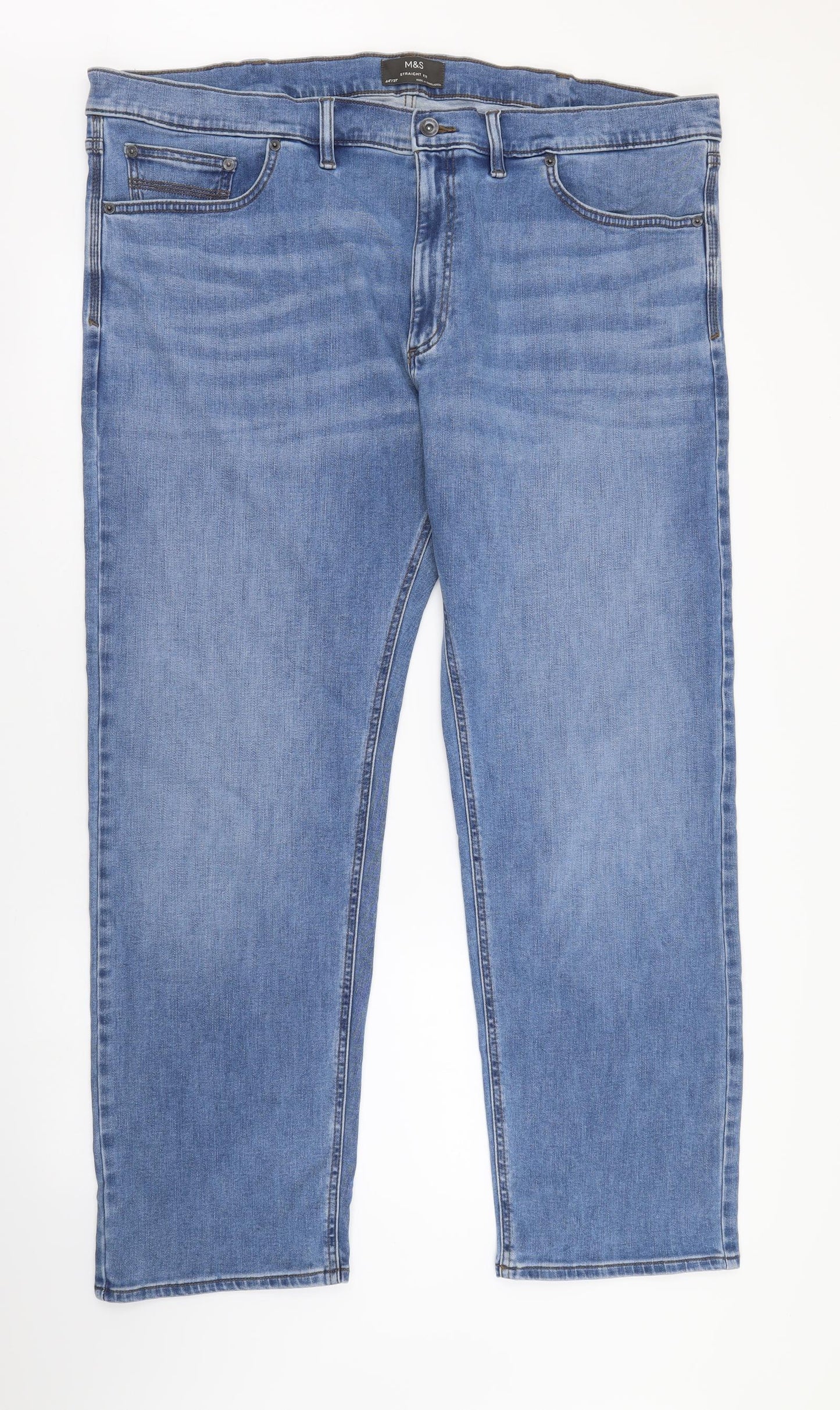 Marks and Spencer Mens Blue Cotton Straight Jeans Size 44 in L31 in Regular Button
