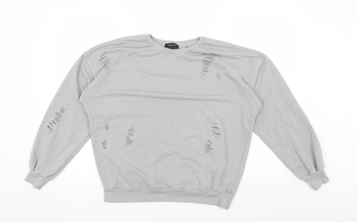 New Look Womens Grey Cotton Pullover Sweatshirt Size S Pullover - Ripped Detail