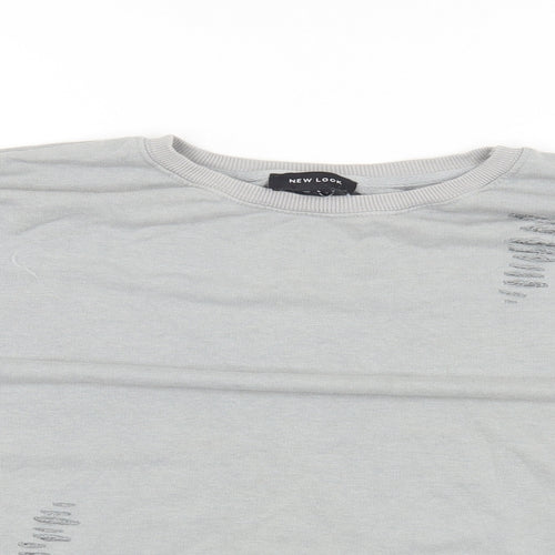 New Look Womens Grey Cotton Pullover Sweatshirt Size S Pullover - Ripped Detail