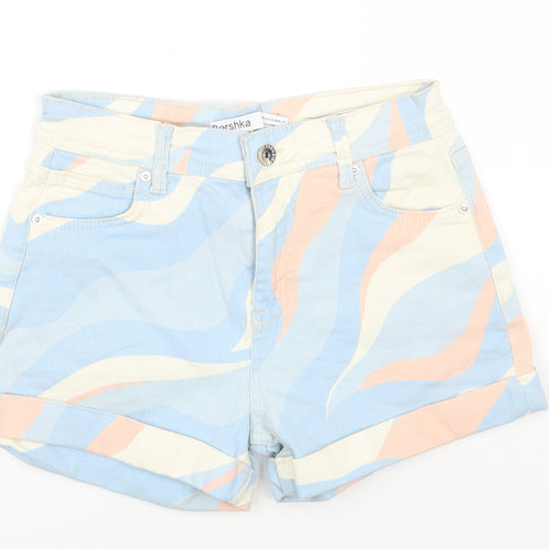 Bershka Womens Multicoloured Geometric Cotton Hot Pants Shorts Size 6 Regular Button
