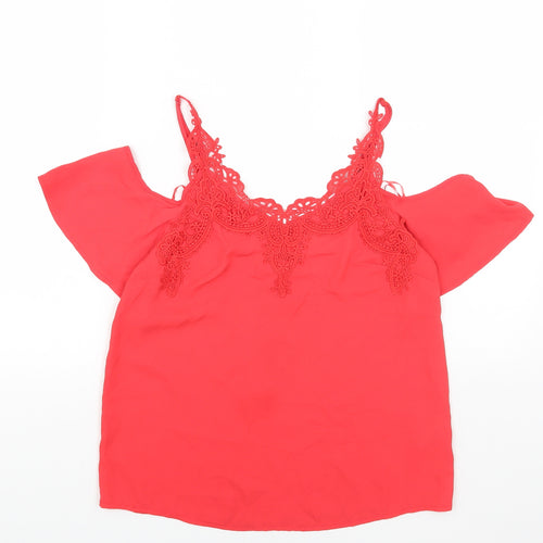 Oasis Womens Red Polyester Basic Blouse Size 8 V-Neck - Cold Shoulder Lace Detail