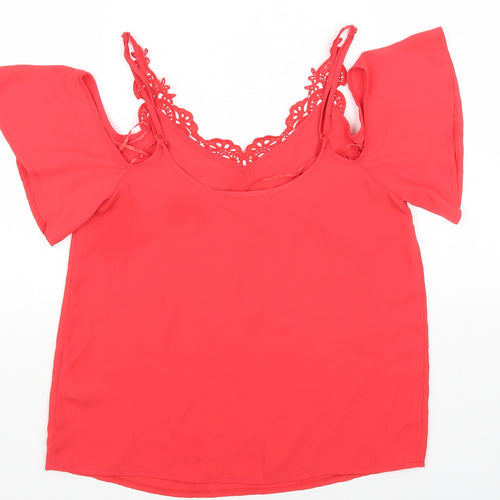 Oasis Womens Red Polyester Basic Blouse Size 8 V-Neck - Cold Shoulder Lace Detail