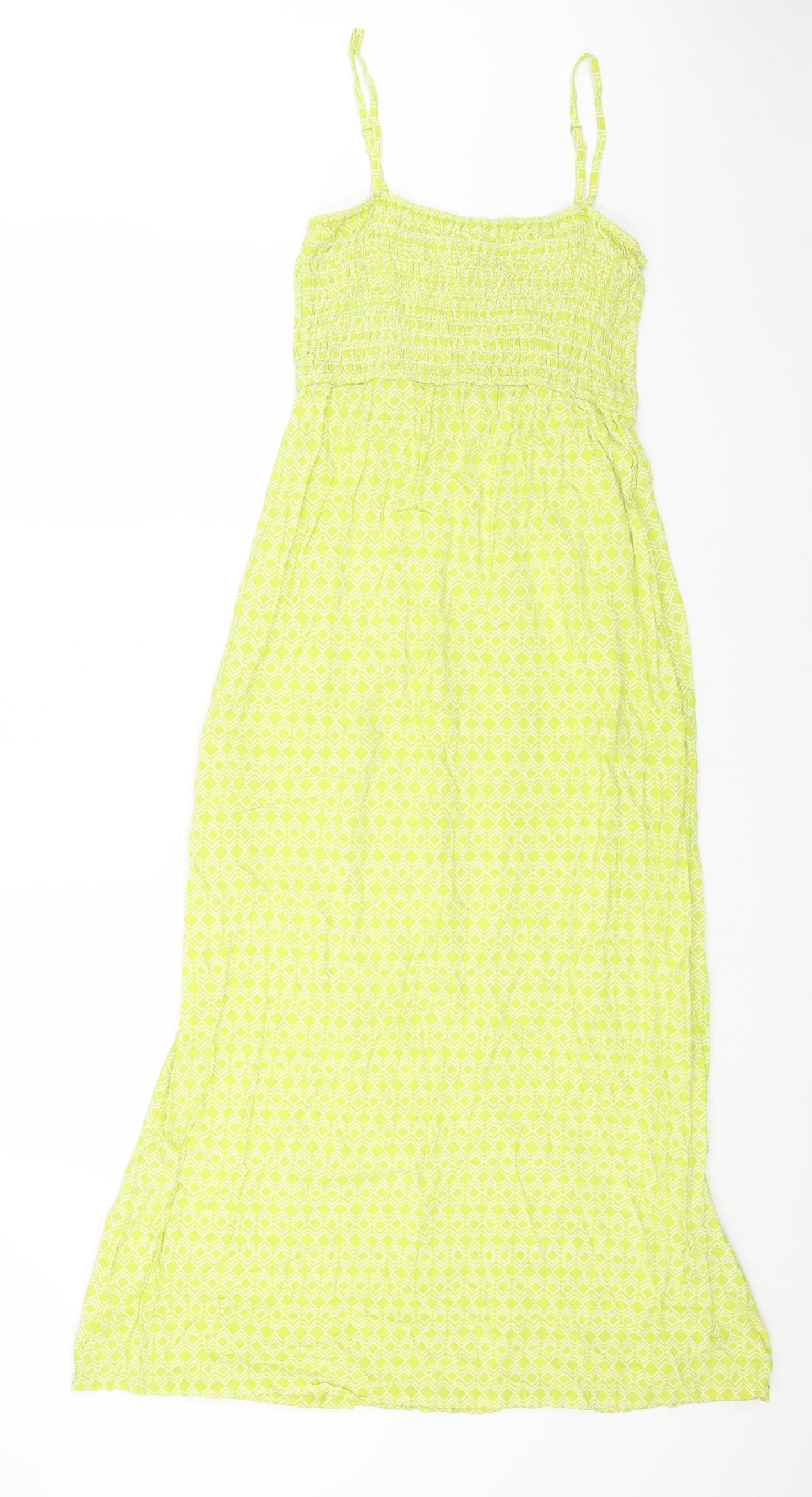 Uniqlo Womens Green Geometric Viscose Maxi Size XS Square Neck Pullover - Shirred Top