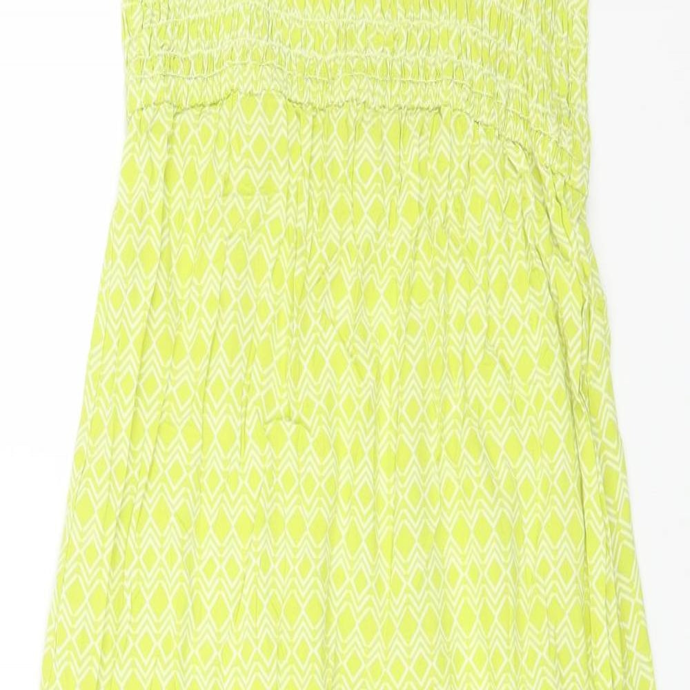 Uniqlo Womens Green Geometric Viscose Maxi Size XS Square Neck Pullover - Shirred Top