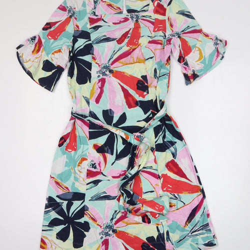 Marks and Spencer Womens Multicoloured Geometric Linen Fit & Flare Size 8 Square Neck Pullover