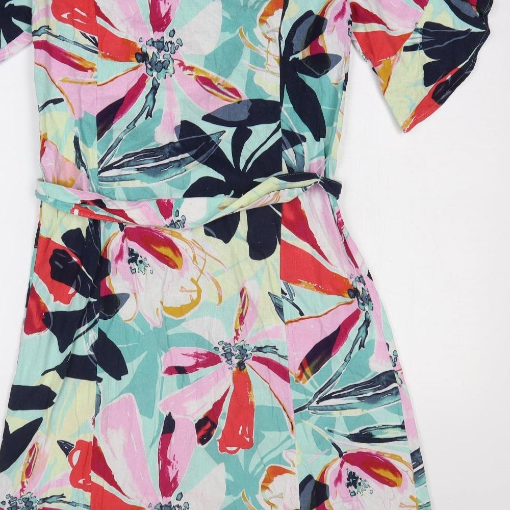 Marks and Spencer Womens Multicoloured Geometric Linen Fit & Flare Size 8 Square Neck Pullover