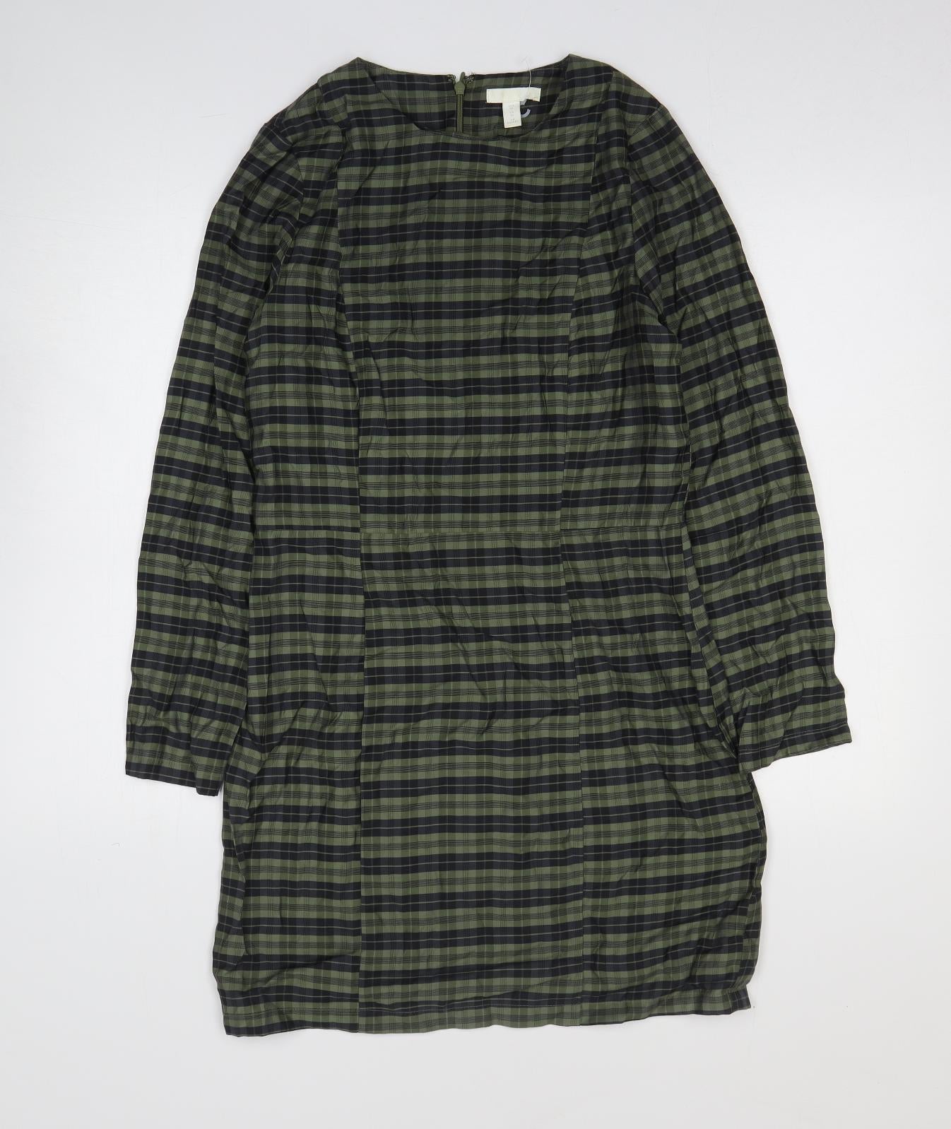 H&M Womens Green Plaid Viscose Sheath Size 10 Round Neck Pullover