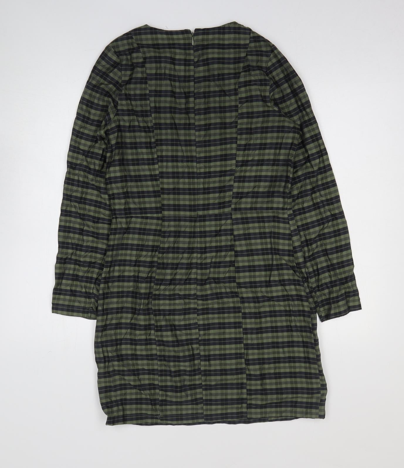 H&M Womens Green Plaid Viscose Sheath Size 10 Round Neck Pullover