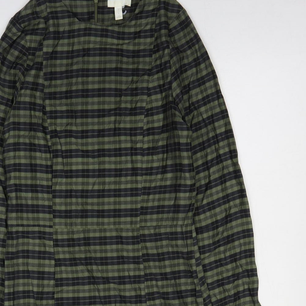 H&M Womens Green Plaid Viscose Sheath Size 10 Round Neck Pullover