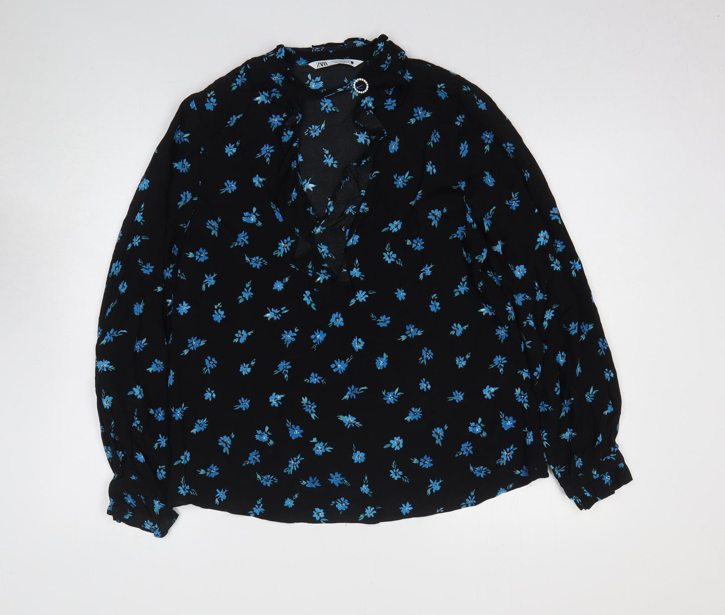 Zara Womens Black Floral Viscose Basic Blouse Size S Mock Neck