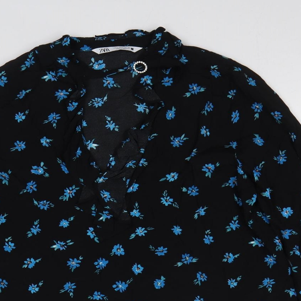 Zara Womens Black Floral Viscose Basic Blouse Size S Mock Neck