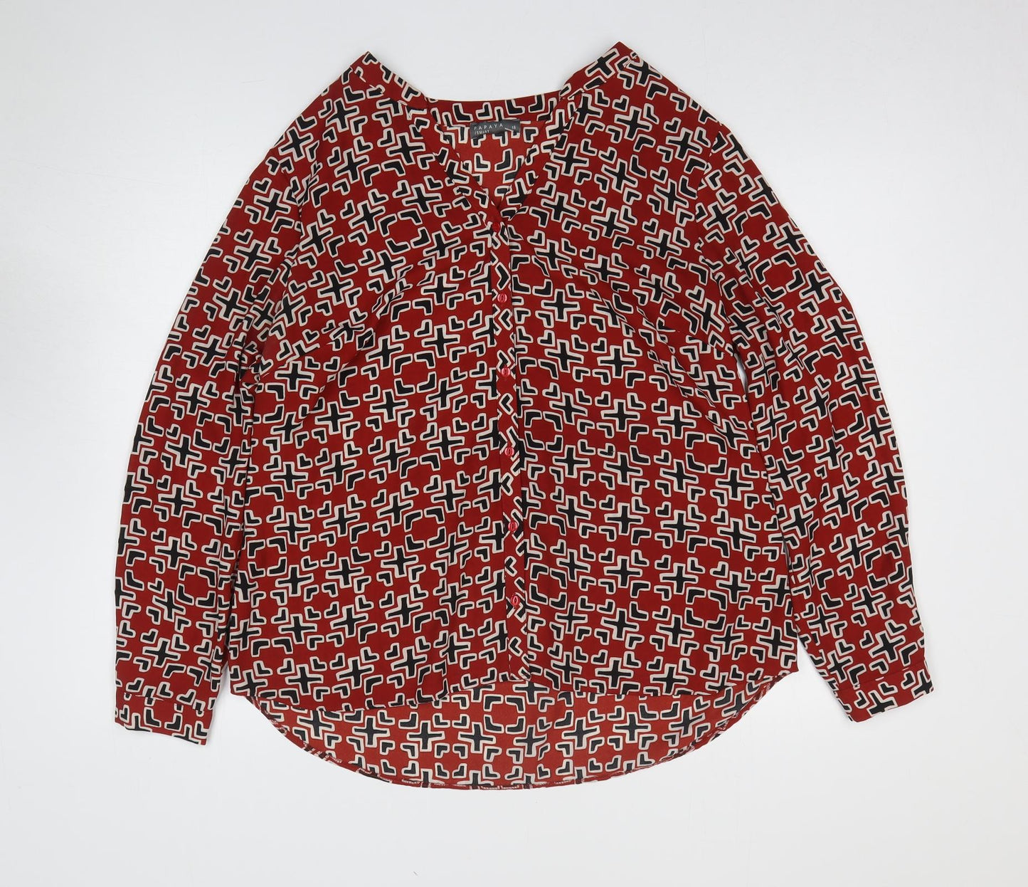 Papaya Womens Red Geometric Polyester Basic Button-Up Size 16 V-Neck