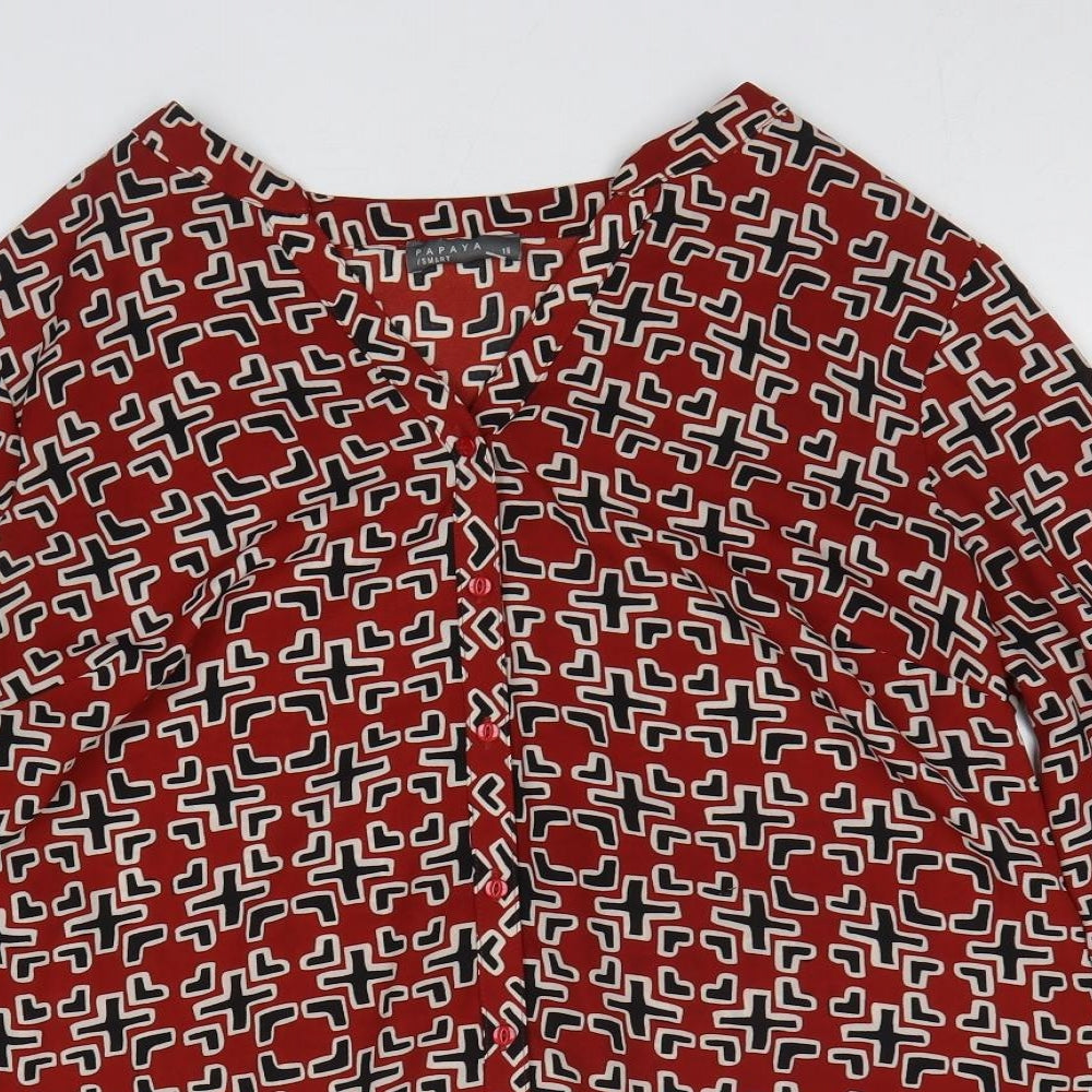 Papaya Womens Red Geometric Polyester Basic Button-Up Size 16 V-Neck