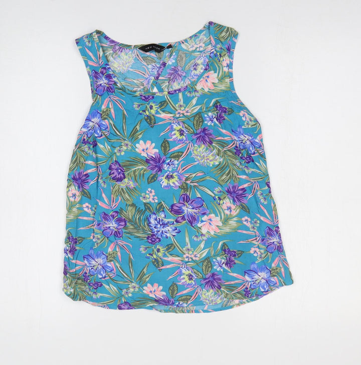 New Look Womens Blue Floral Viscose Basic Blouse Size 8 Scoop Neck