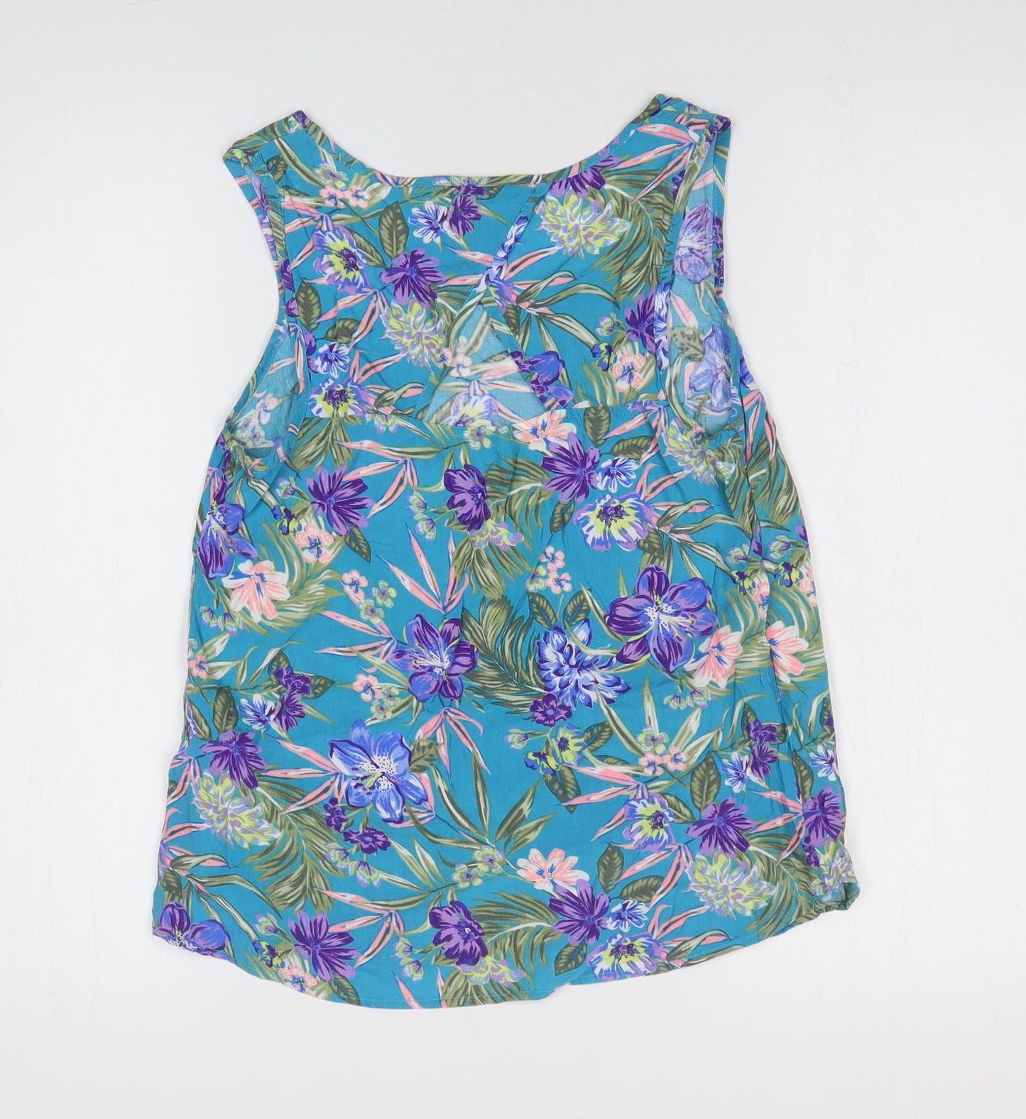New Look Womens Blue Floral Viscose Basic Blouse Size 8 Scoop Neck