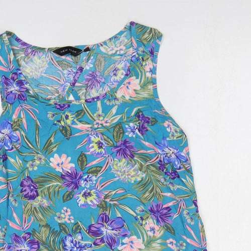 New Look Womens Blue Floral Viscose Basic Blouse Size 8 Scoop Neck