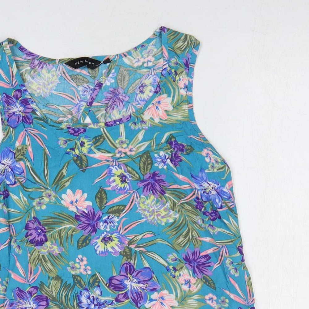 New Look Womens Blue Floral Viscose Basic Blouse Size 8 Scoop Neck