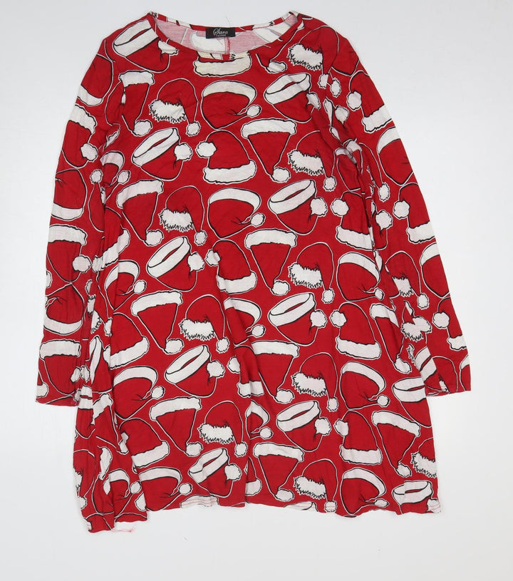 Sara Womens Red Geometric Viscose Sheath Size S Round Neck Pullover - Christmas Santa Hats