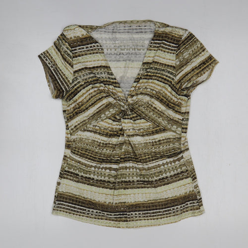 Preworn Womens Gold Striped Polyester Basic Blouse Size M V-Neck - Knot Detail