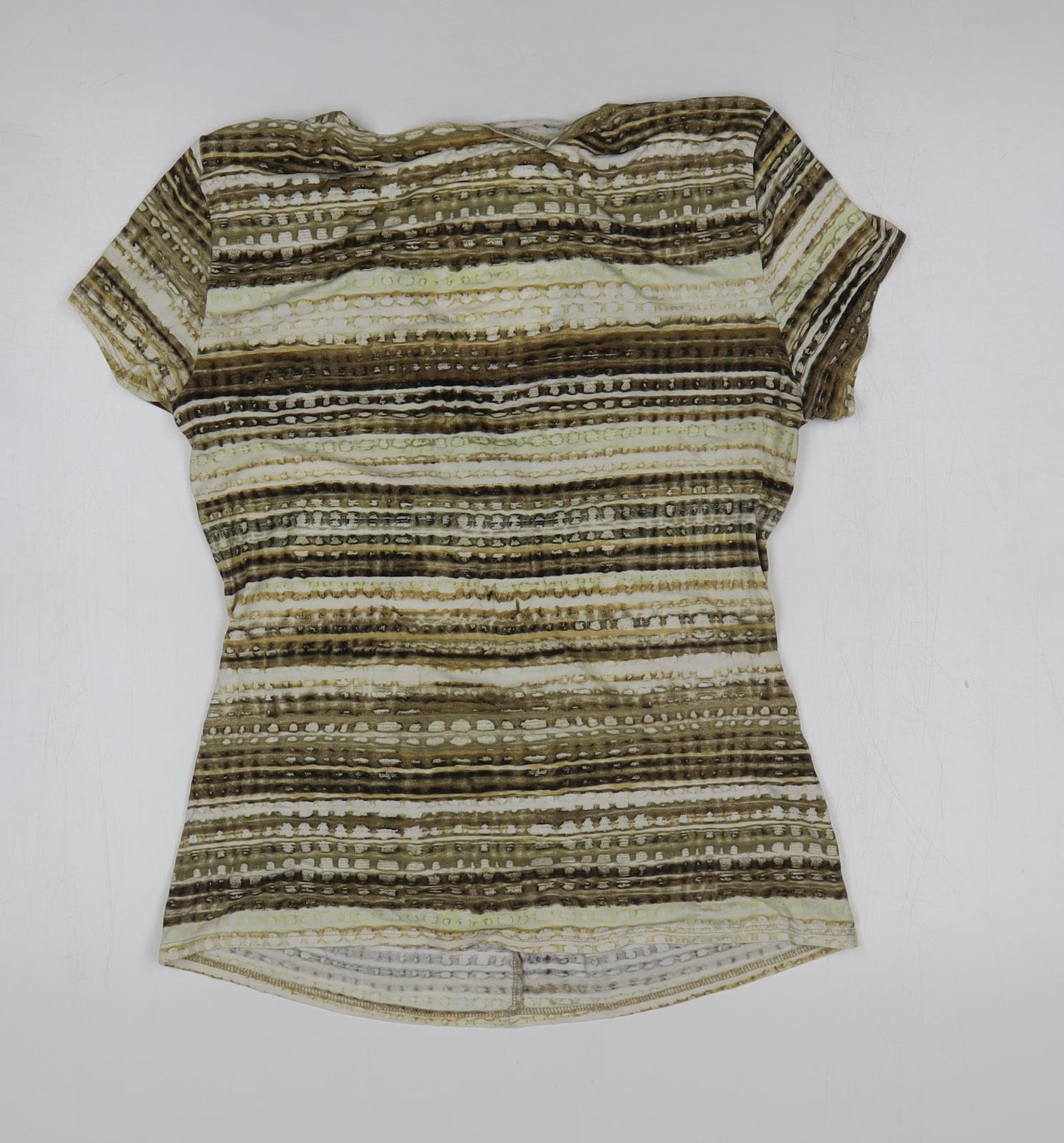 Preworn Womens Gold Striped Polyester Basic Blouse Size M V-Neck - Knot Detail