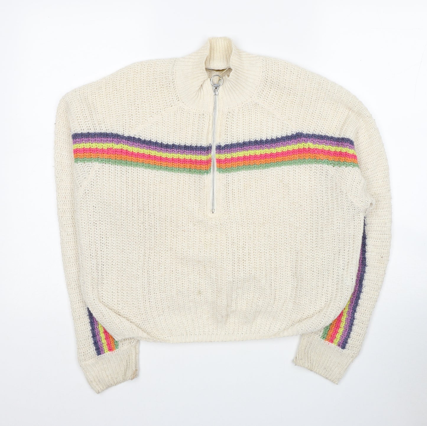 Pull&Bear Womens Ivory Mock Neck Striped Polyester Pullover Jumper Size M