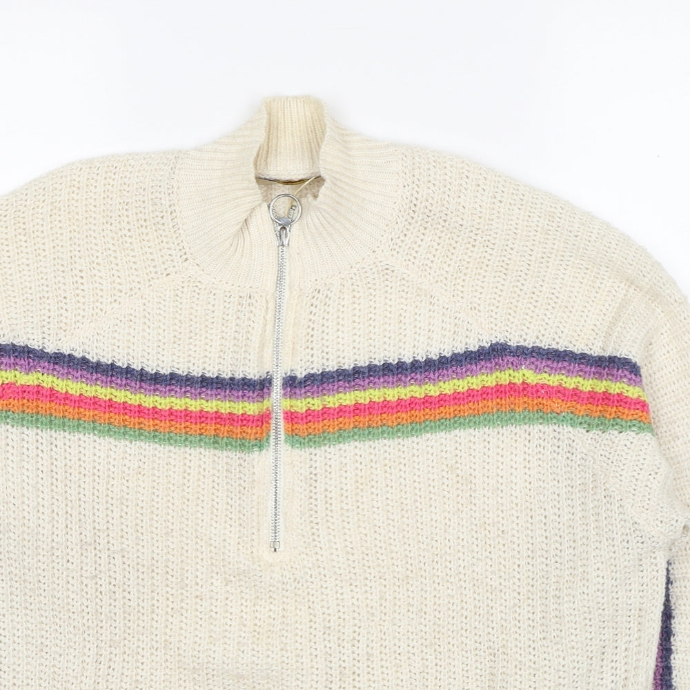 Pull&Bear Womens Ivory Mock Neck Striped Polyester Pullover Jumper Size M