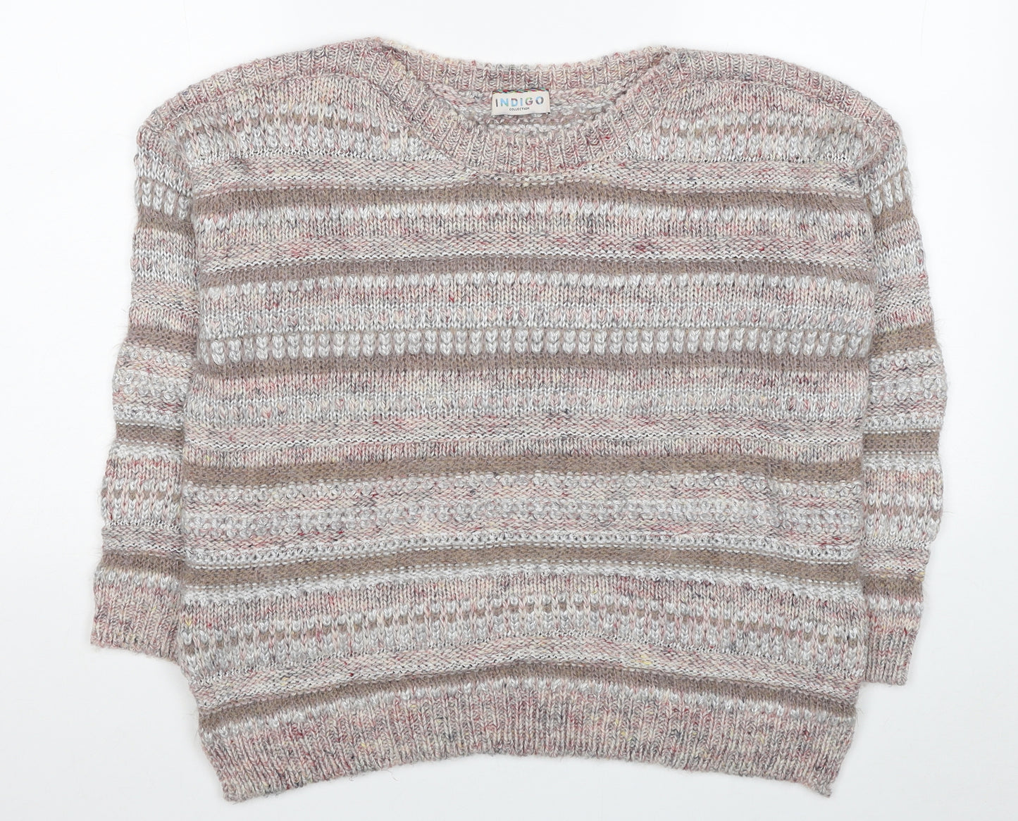 Marks and Spencer Womens Beige Round Neck Striped Polyamide Pullover Jumper Size 14